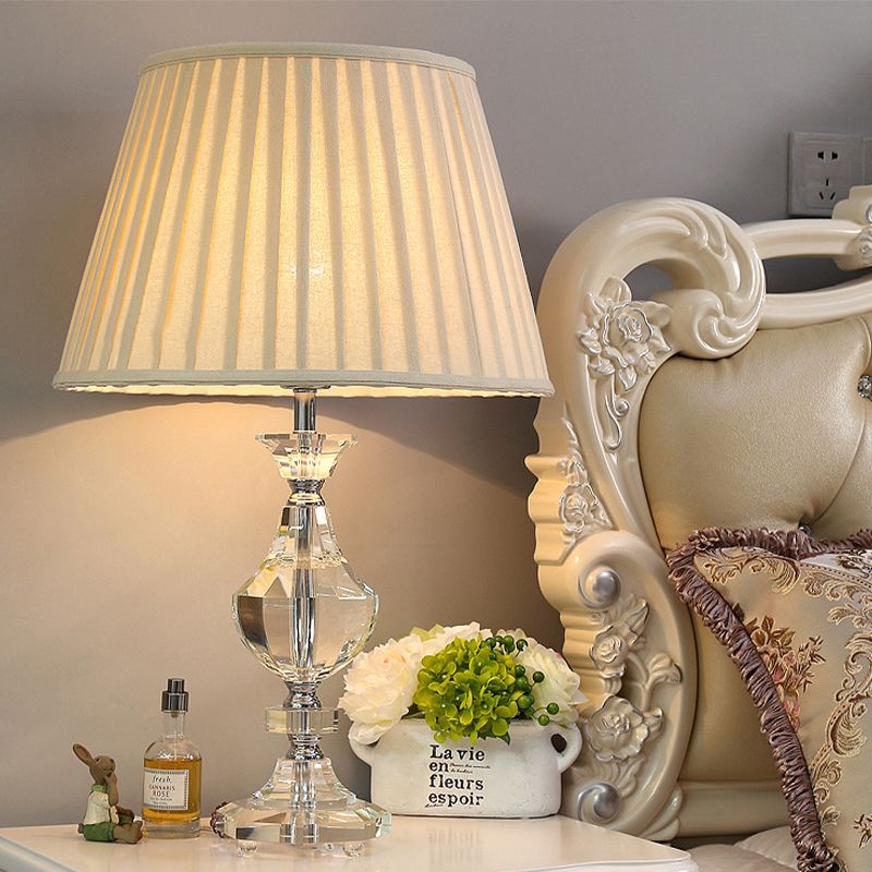 Wide Flare Task Lamp Modern Fabric 1 Head Beige Reading Book Light with Urn Crysatl Detail for Living Room