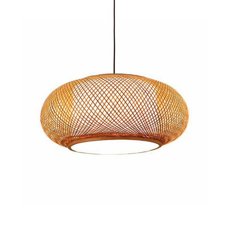 Curved Drum Bamboo Pendant Light Asian Stylish 16"/19.5" W 1 Light Beige Hanging Lamp for Living Room