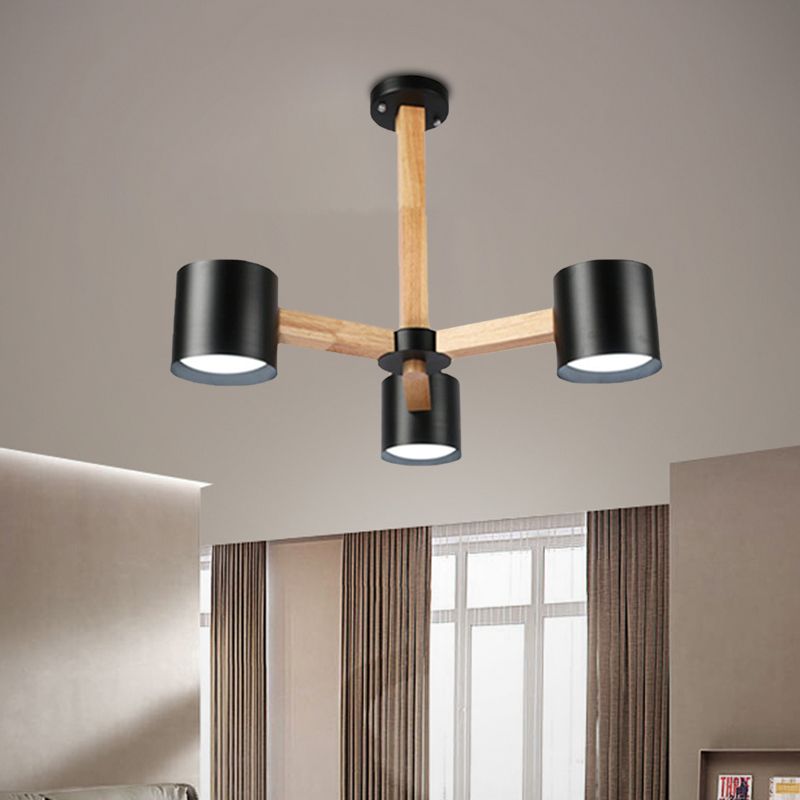 Salle d'étude Drum Shade Chandelier Wood & Iron Nordic Style Pendant Light in Black / White