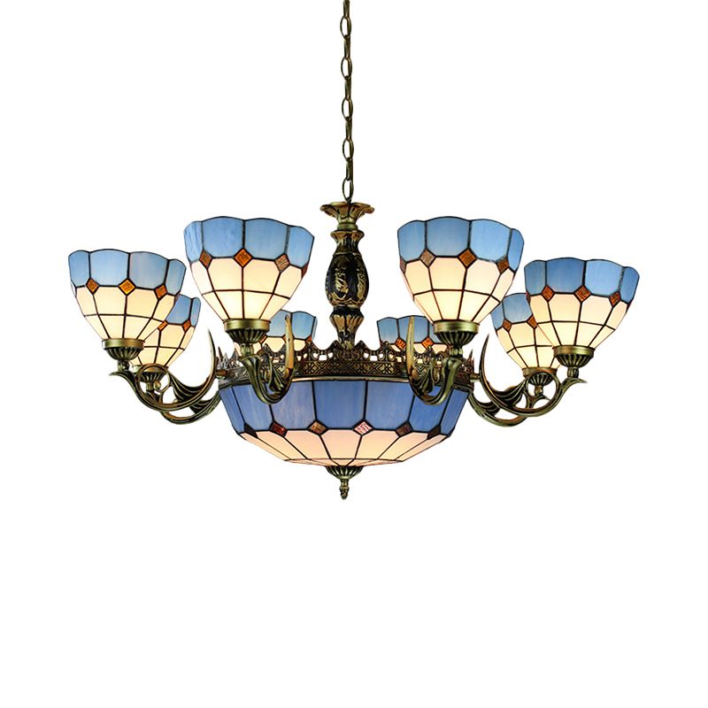 Bowl Shaped Chandelier Lighting Mediterranean Cut Glass 11 Lights Blue Hanging Ceiling Light