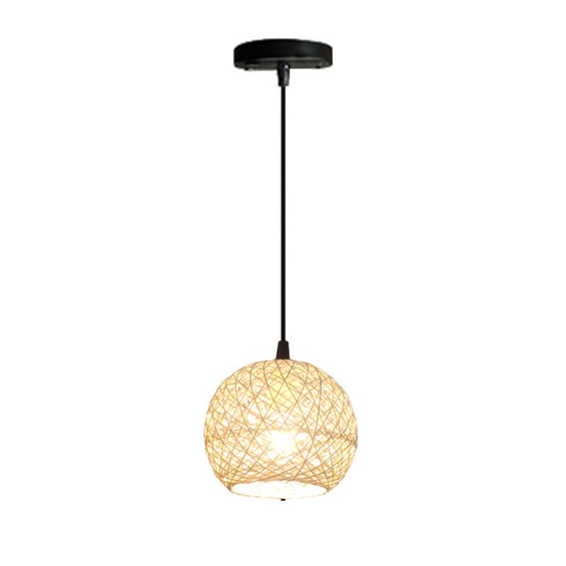 Beige Globe hanger lamp armatuur minimalistisch rattan suspensie licht voor eetkamer
