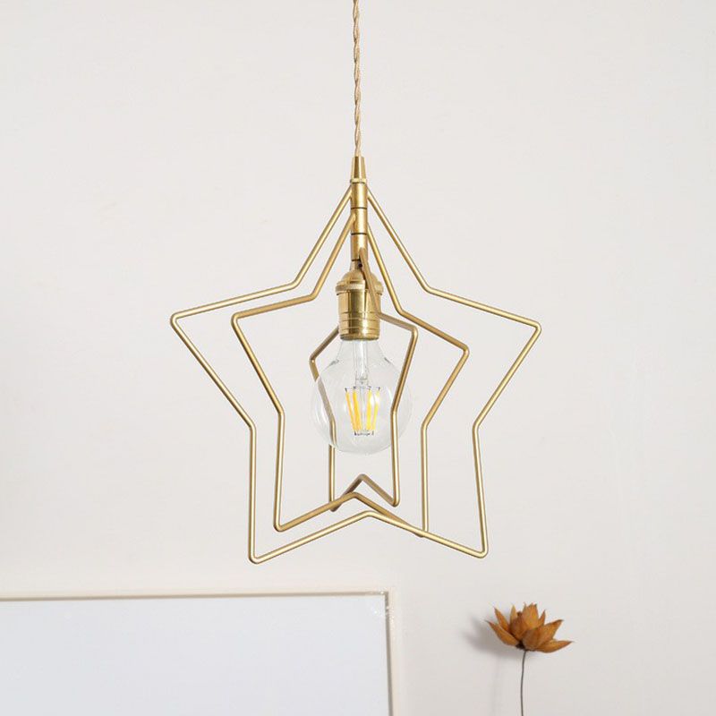 Star Frame Iron Suspension Lighting Retro Style 1 Head Restaurant Pendant Ceiling Light in Gold