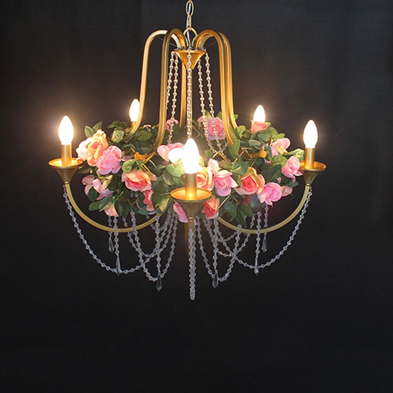 5 Heads Iron Chandelier Lighting Antique Gold Candlestick Restaurant Flower Ceiling Lamp with Crystal Strand
