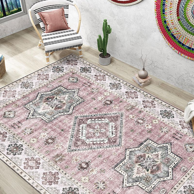 Retro Tribal Flower Pattern Rug Pink and Grey Polyester Rug Washable Pet Friendly Anti-Slip Carpet for Living Room