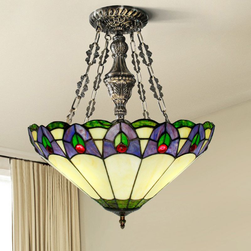 Mission Conical Pendant Chandelier 3-Light Stained Glass Hanging Light in Beige for Dining Room