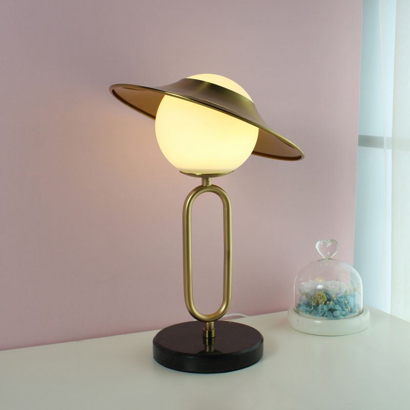 Metal Hat Desk Light Cartoon 1 Light Table Lamp with Cream Glass Shade and Marble Base in Brass