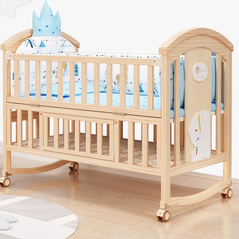 Solid Wood Convertible Baby Crib Natural Wood Crib with Casters and Storage