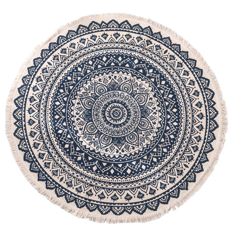 Round Black Tone Bohemian Area Carpet Polyester Ethnic Print Indoor Rug Anti-Slip Backing Carpet for Living Room