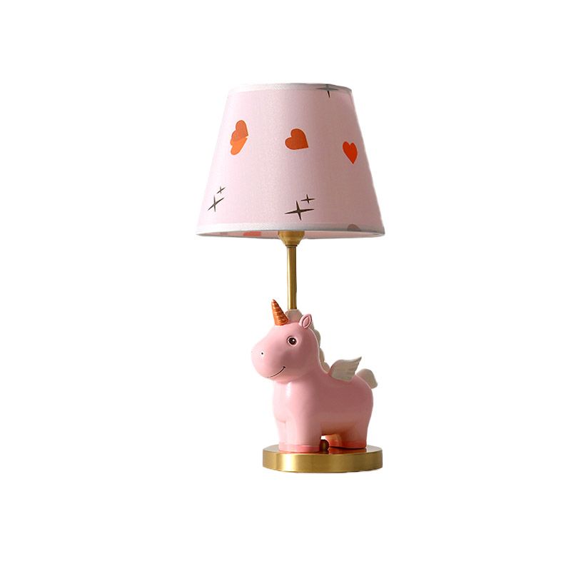 Sika Deer/Unicorn Bedside Table Lamp Resin Single Kids Night Light in Pink/Blue with Tapered Fabric Shade