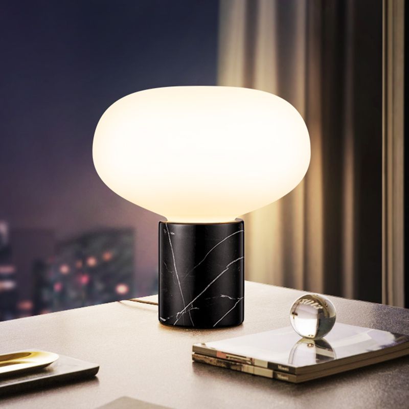 1 Head Oval Table Light Modern White Glass Small Desk Lamp in Black with Marble Base