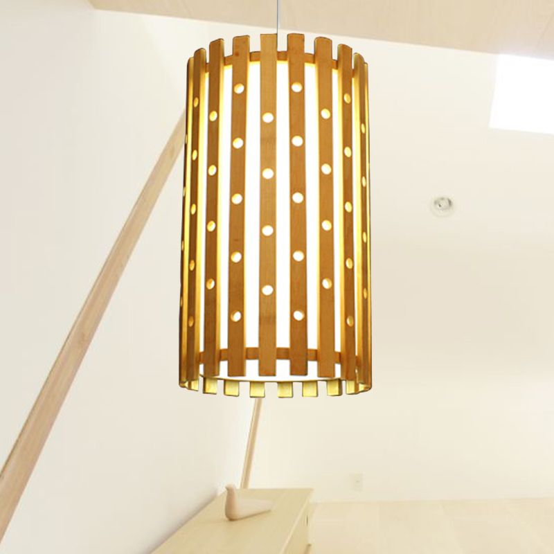 Cylinder Ceiling Light Modern Hollow Bamboo Single Bulb Hanging Lamp in Beige for Living Room