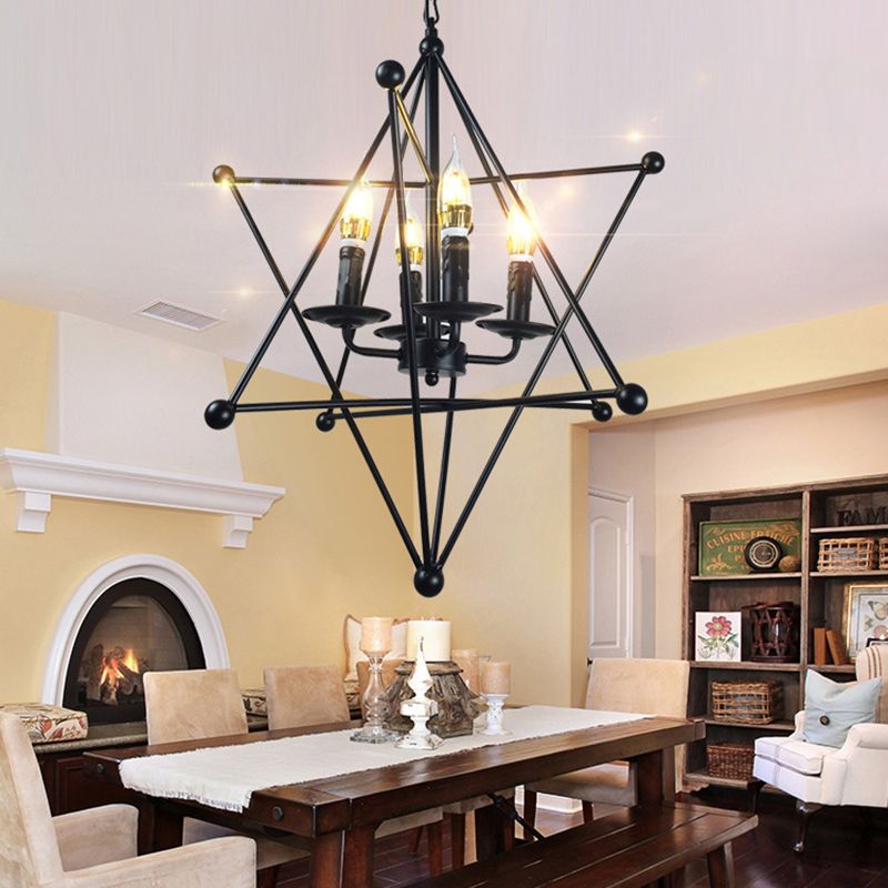 4-Light Metal Hanging Chandelier Industrial Black Candle Living Room Pendant Light Fixture with Cage