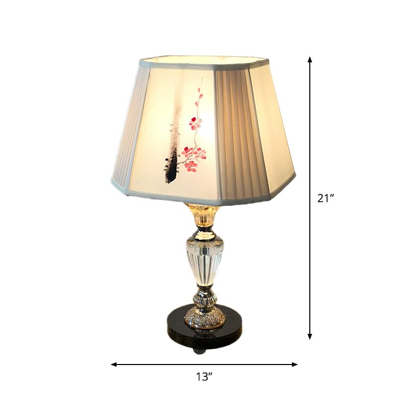 Paneled Bell Bedroom Table Lighting Fabric Shade 1 Light Contemporary Night Lamp with Floral Painting Design