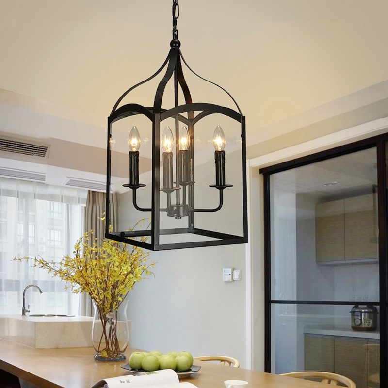 Black 4-Light Pendant Light in Industrial Classic Style Wrought Iron Hanging Lamp with Glass Shade