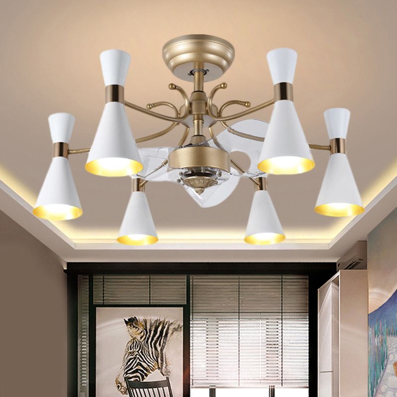 27.5" Width Flaring Hanging Fan Light Contemporary Acrylic 6 Bulbs White 3-Blade Semi Mount Lighting with Curvy Arm