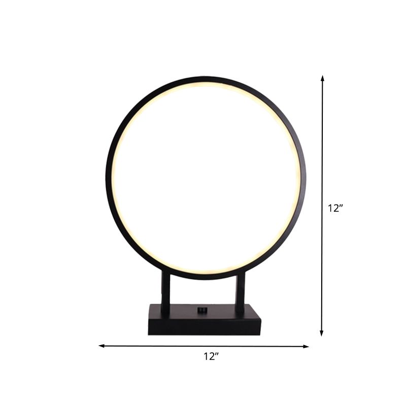 Minimalist Ring Desk Light Aluminum LED Bedroom Table Lamp in Black with Plug In Cord, White/Warm Light