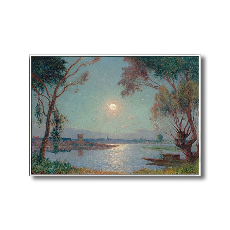 River Moon Night Scenery Painting Green Canvas Print Wall Art, Textured Surface