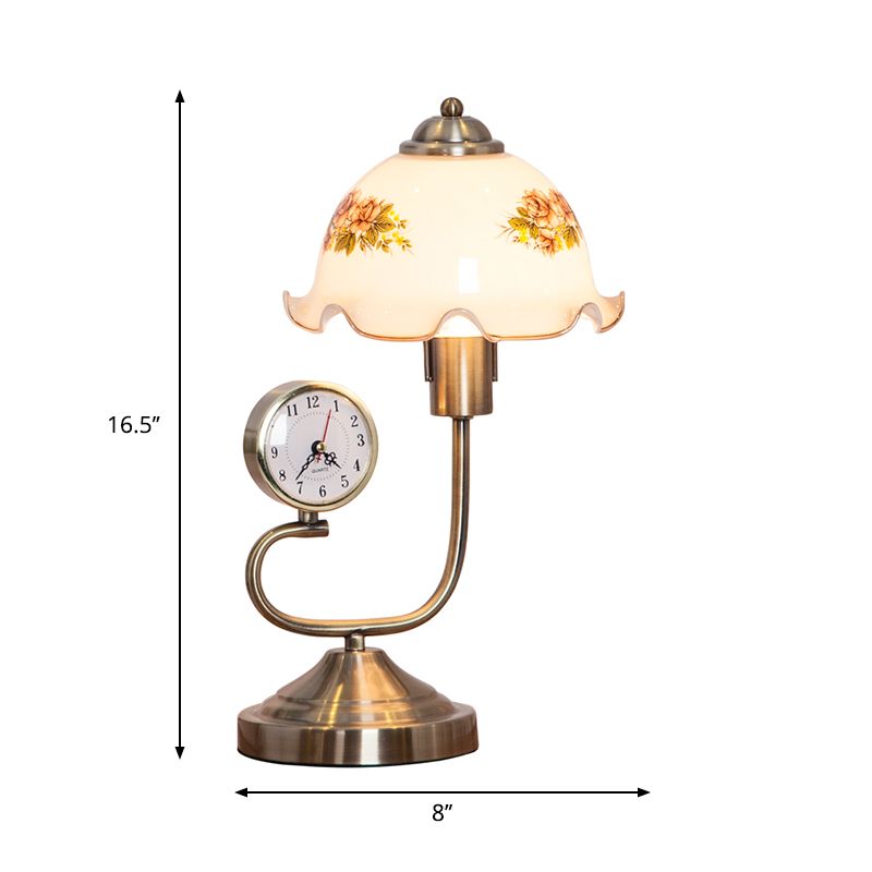 1 Head Floral Shade Table Lamp Rural Style Beveled Crystal Nightstand Lamp in Brass