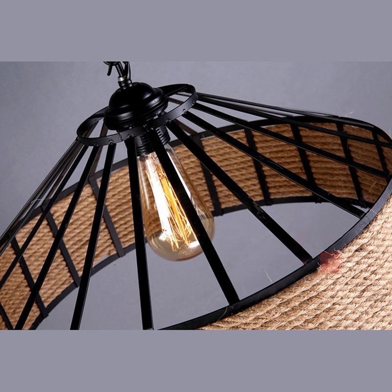 Rope Black 1-Light Pendant Lamp Cylinder Vintage Loft Ceiling Fixture for Dining Room