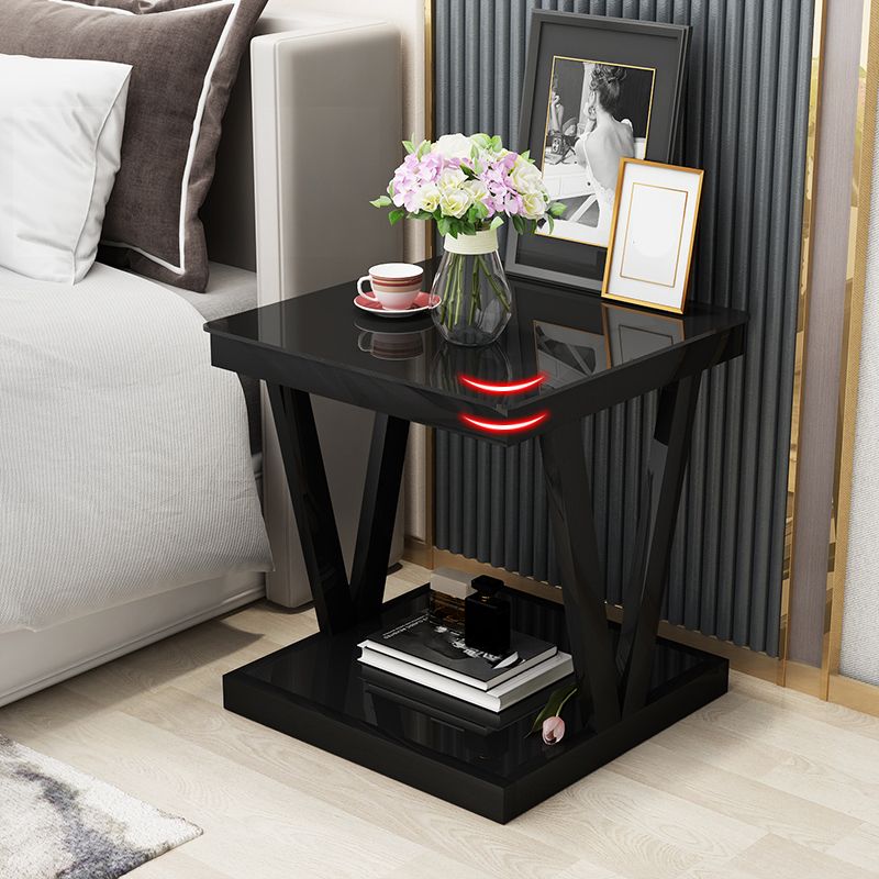 Modern Open Storage Bedside Cabinet Glass Top Night Table with Shelf