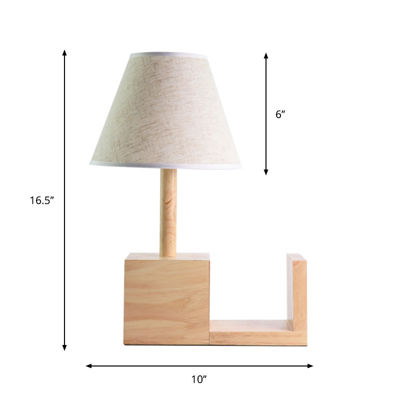 Tapered Fabric Night Table Light Contemporary 1 Head White Desk Lighting with Wood Shelf Base