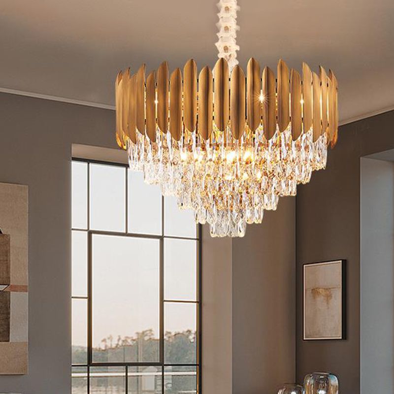 Faceted Crystal Cone Chandelier Pendant Light Postmodern 6/10 Heads 16"/19.5" Wide Brass Hanging Light Fixture