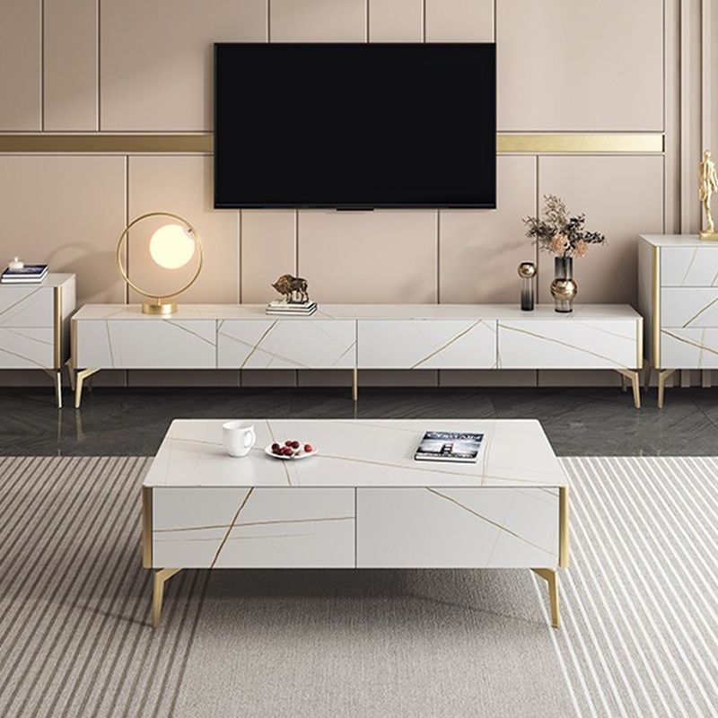 Glam Stone TV Stand White TV Media Stand with Drawers for Living Room