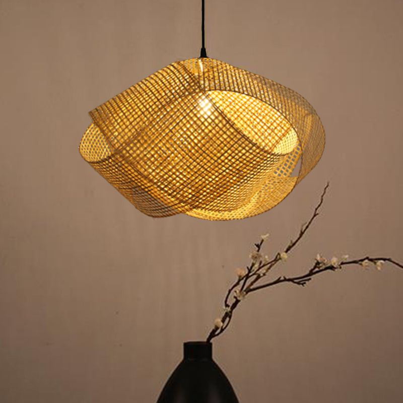 Asian Hand-Worked Hanging Pendant Light Rattan 16"/19.5" W 1 Light Indoor Ceiling Light with Twist Design in Beige