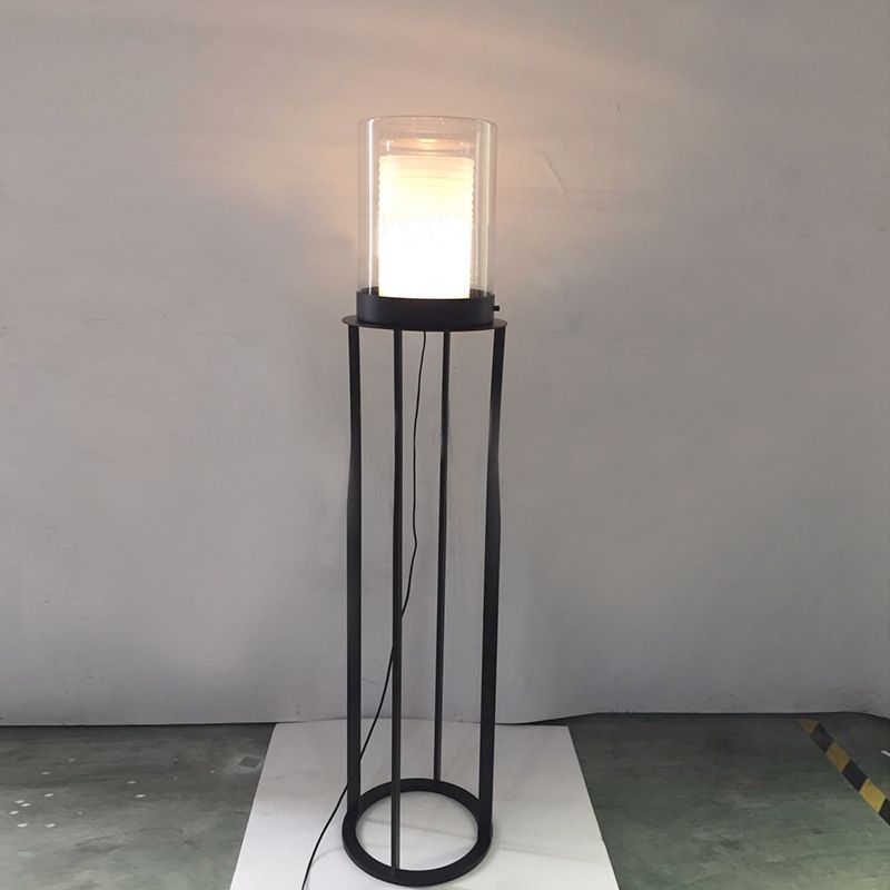 Simple LED Floor Light Black Dual Cylinder Stand Up Lamp with Glass Shade for Living Room