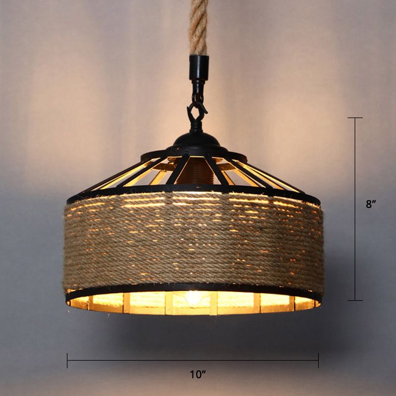 Conical Cage Restaurant Hanging Light Farmhouse Hemp Rope 1 Bulb Brown Drop Pendant