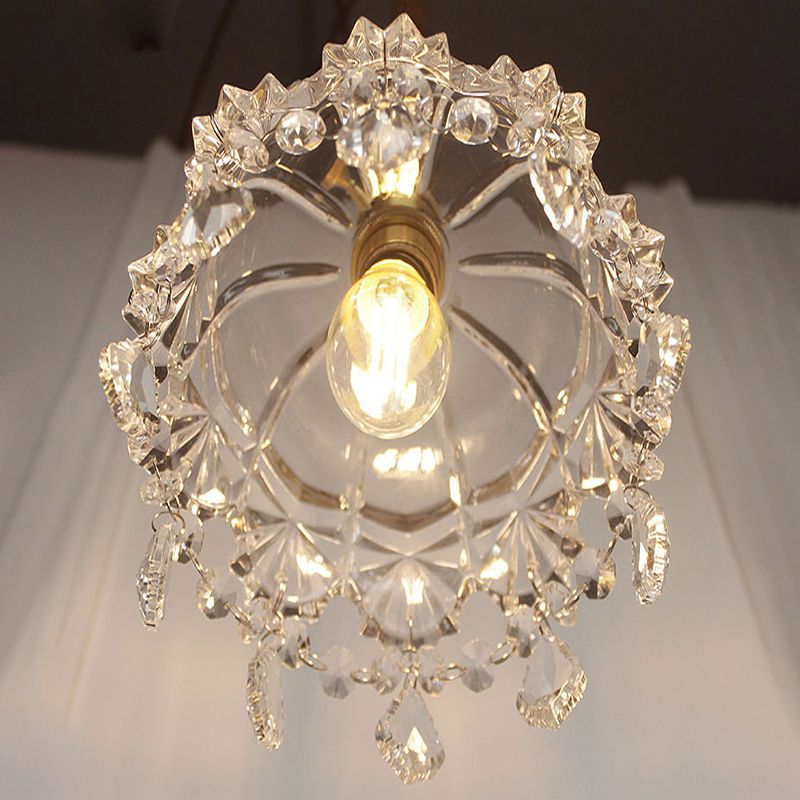 Flower Shape Shade Ceiling Pendant Lamp  Vintage 1 Light Clear Glass Hanging Light with Crystal Pendant