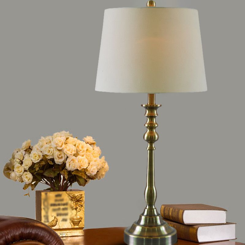 1 Light Task Lighting Rural Style Barrel Fabric Shade Night Table Lamp with Candlestick Column in Gold