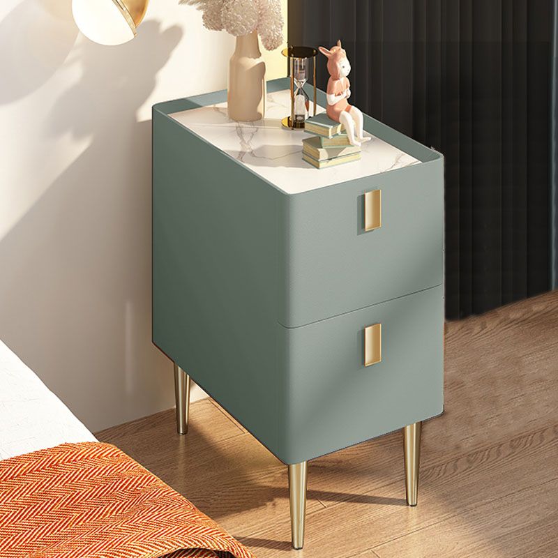 Contemporary Solid Wood Nightstand 2-Drawer Stone Top Night Table