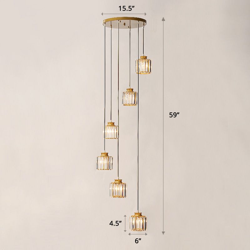 Prismatic Crystal Cylindrical Hanging Light Contemporary Cluster Pendant Light for Stairs