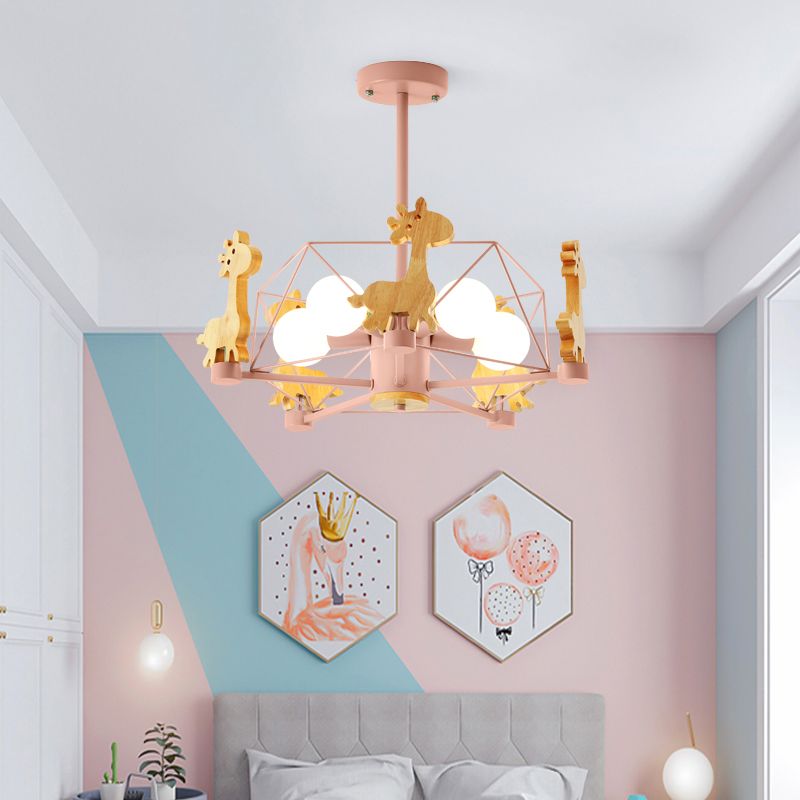 Macaron Cage Ceiling Pendant Light Metal 4-Head Bedroom Chandelier with Wooden Giraffe Deco