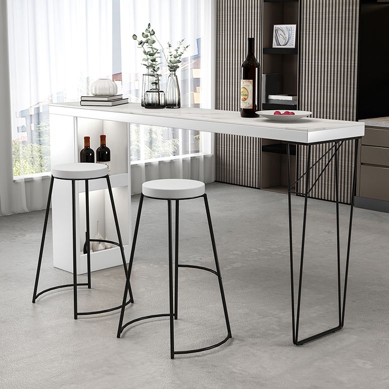 Industrial White Wood Bar Dining Table Stone Top Rectangle Indoor Bistro Table with Shelf