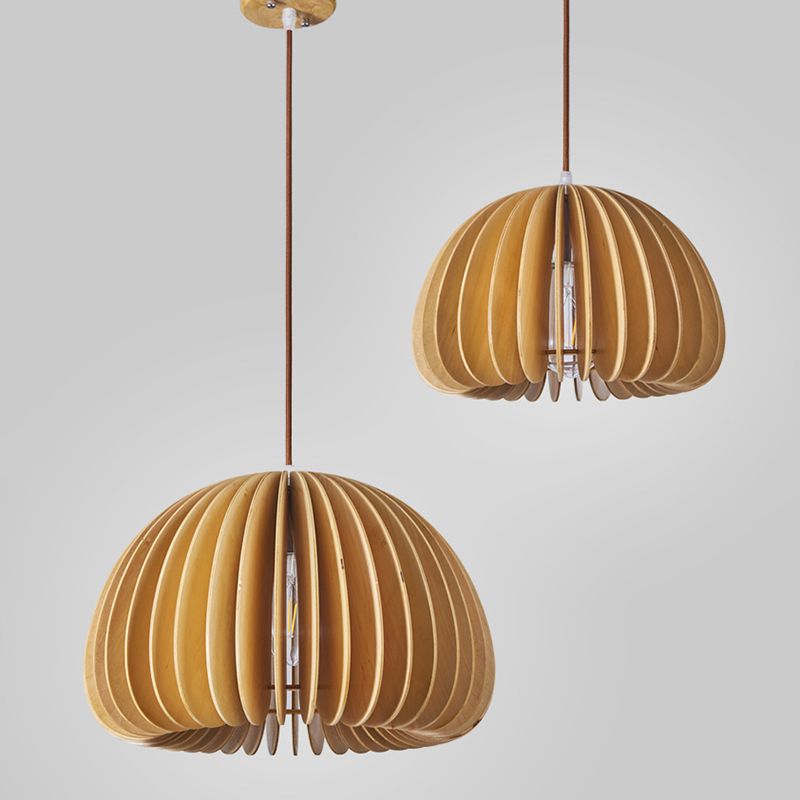 Asian Hemispherical Hanging Lamp Wooden Slat 1 Bulb Restaurant Ceiling Light in Beige