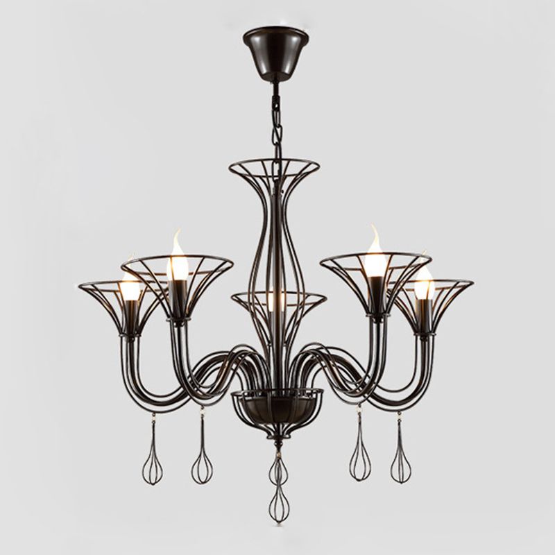 Shaded Metal Hanging Chandelier Vintage-Style Living Room Chandelier Light Fixture in Black