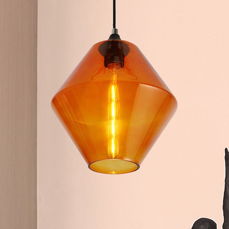 Single Light Diamond Shade Ceiling Pendant Light Vintage Black Orange/Blue/Green Glass Hanging Lamp