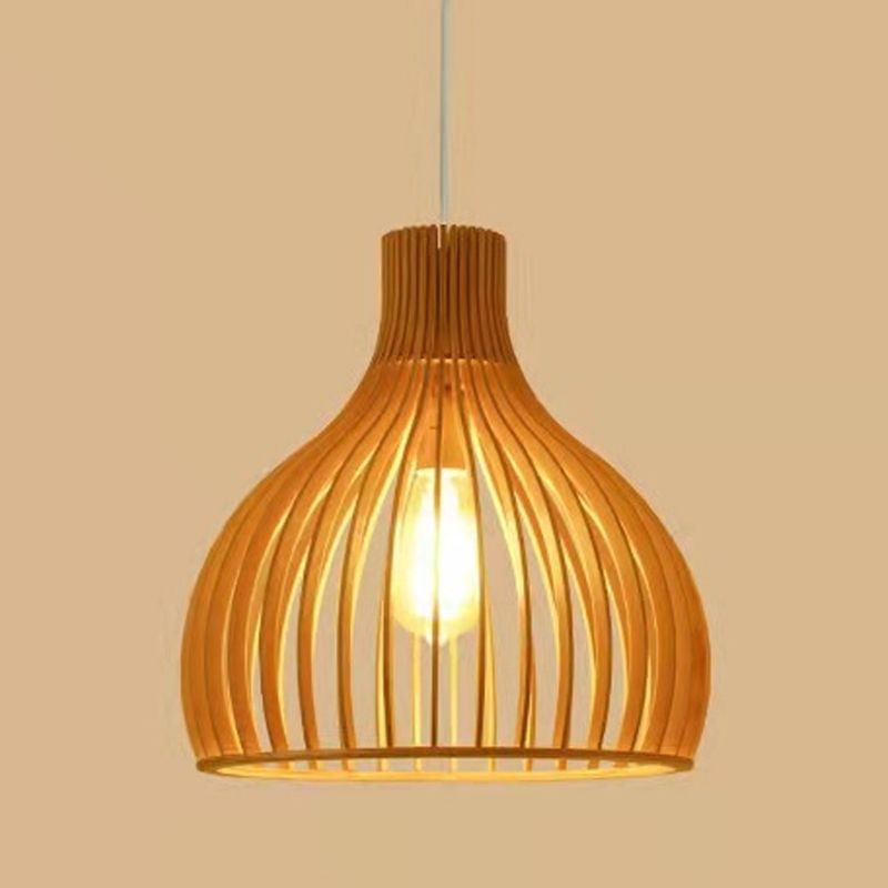 Modern Style Hanging Light Fixture 1-Light Pendant Lamp with Wooden Shade for Bedroom