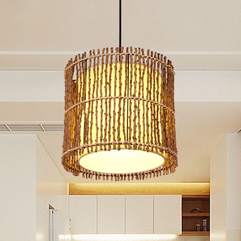 Cylinder Ceiling Light Asian Rattan 1 Head Khaki Pendant Lighting Fixture with Inner White Parchment Shade