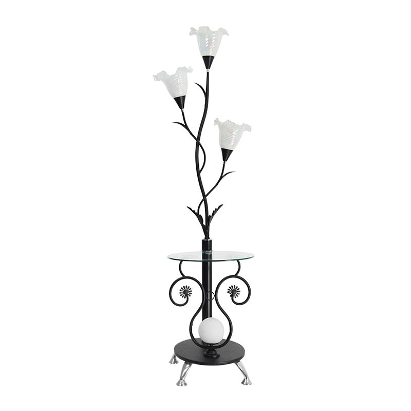 3 Lights Faceted Glass Floor Light Countryside Black/White Floral Shade Living Room Standing Floor Lamp