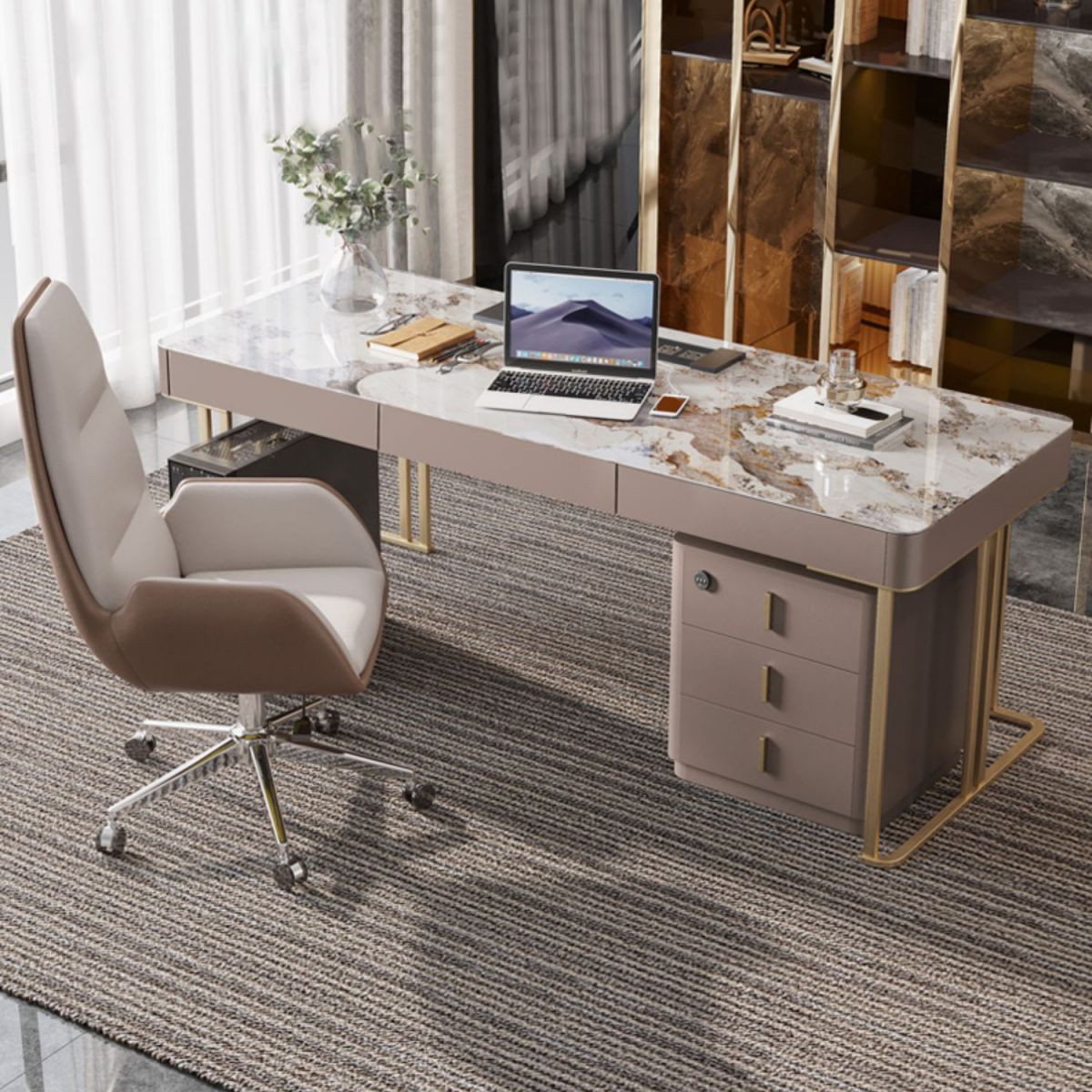 Glam Curved Writing Desk Cable Management Office Desk with 3 drawers