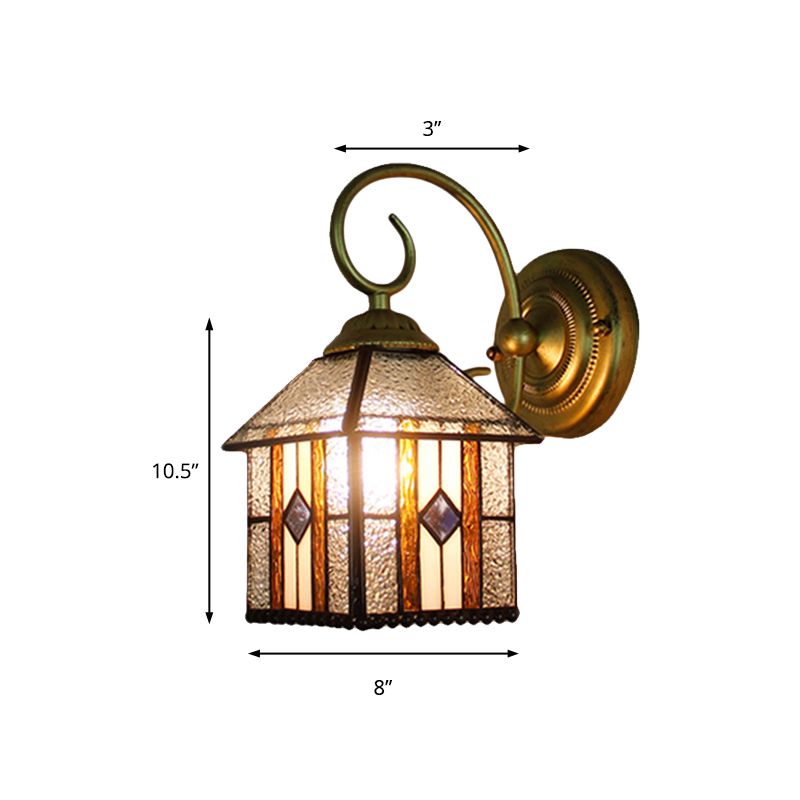 Bedroom Hanging House Wall Sconce Art Glass 1 Head Tiffany Creative Wall Light with Curved Arm in Brass