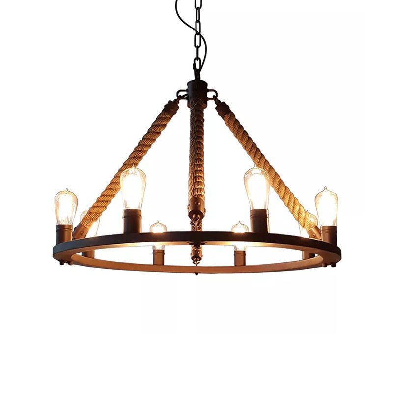 Circular Living Room Chandelier Farmhouse Metal Black Finish Hanging Light with Rope Cord