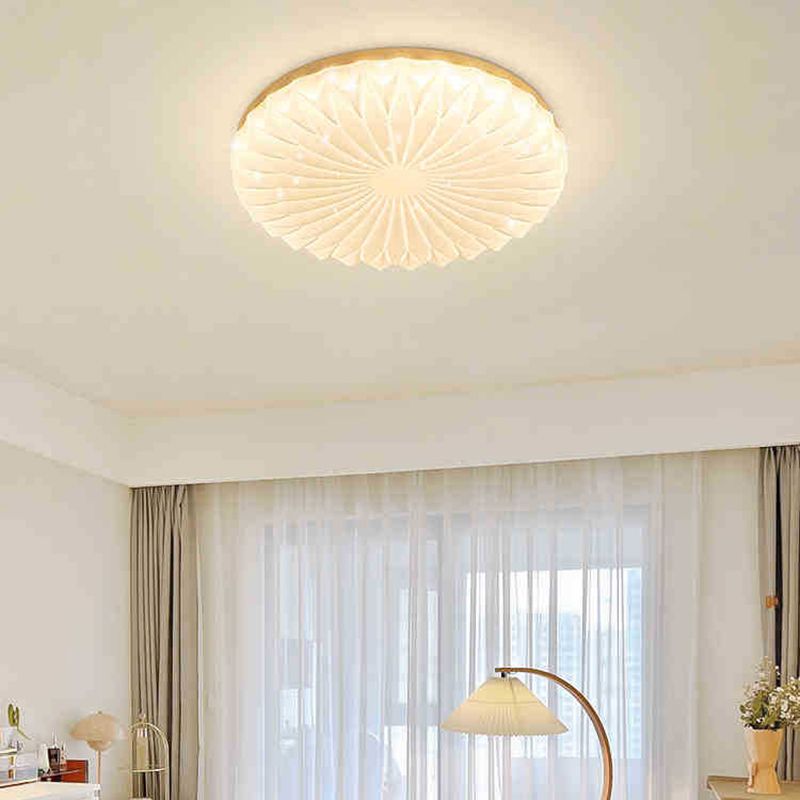 Wood Round Flush Mount Light Modern 1-Light Flush Mount Ceiling Light in Brown