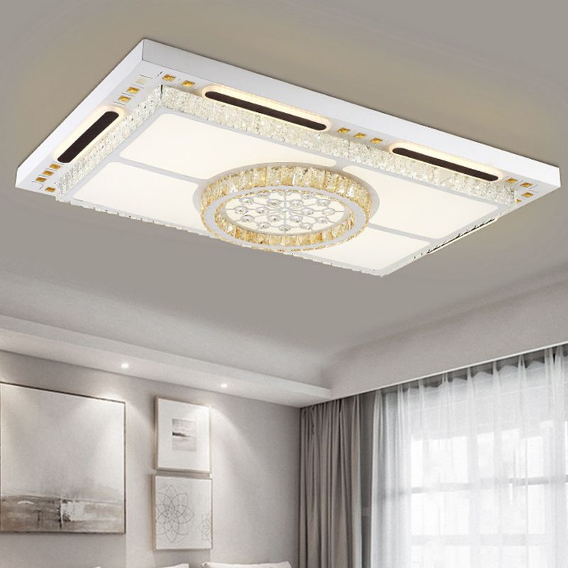 Contemporary LED Flush Mount Fixture White Rectangle Ceiling Light with Crystal Shade