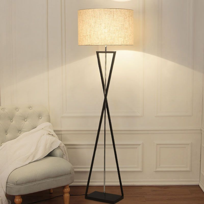 Hourglass Shaped Living Room Floor Lamp Metal Single Artistic Standing Light with Drum Fabric Shade