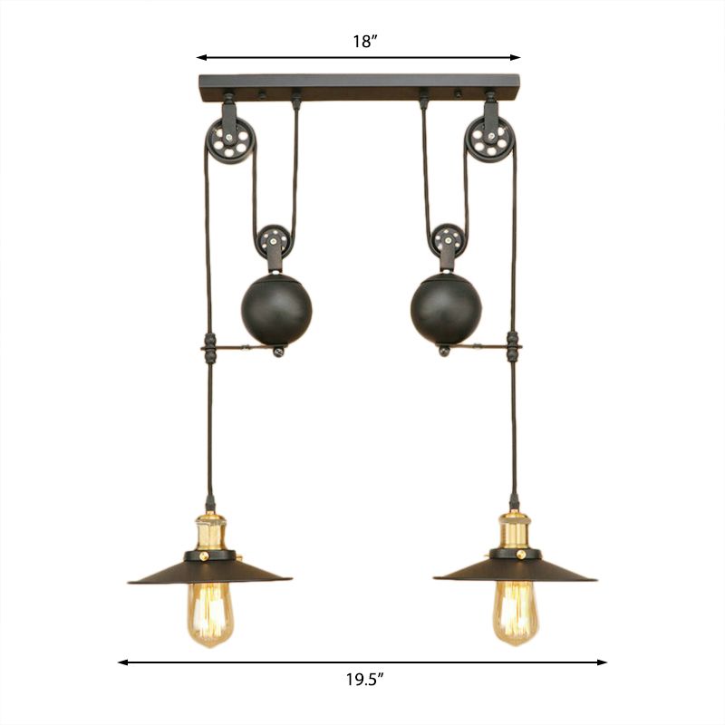 Wrought Iron Black Finish Pendant Light Fixture Flat Shade 2 Bulbs Antique Style Ceiling Light for Living Room