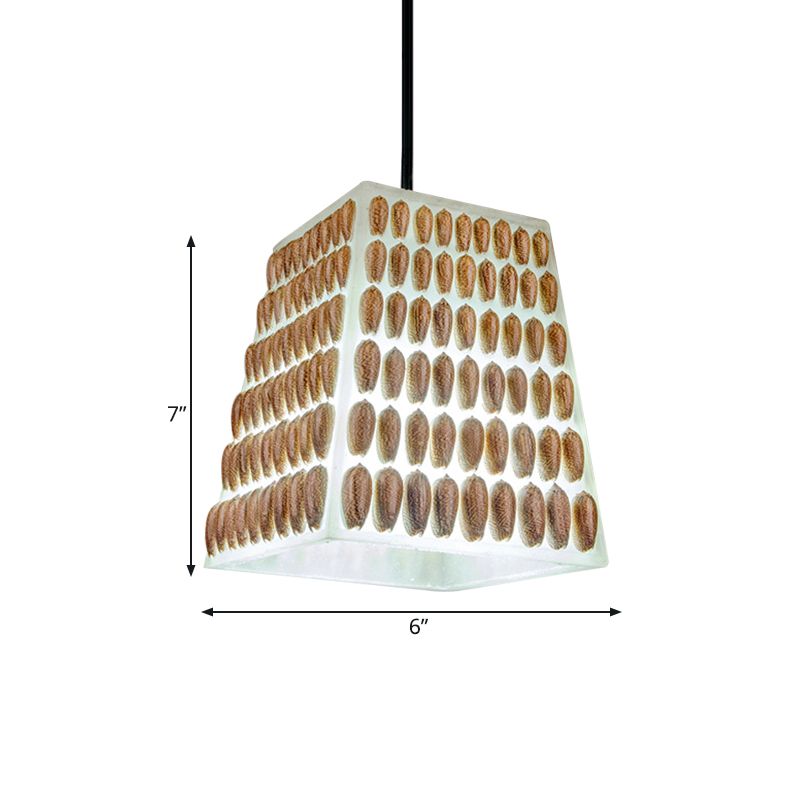 Brown 1-Head Hanging Light Kit Industrial Resin Trapezoid Pendant Lamp with Conch Deco